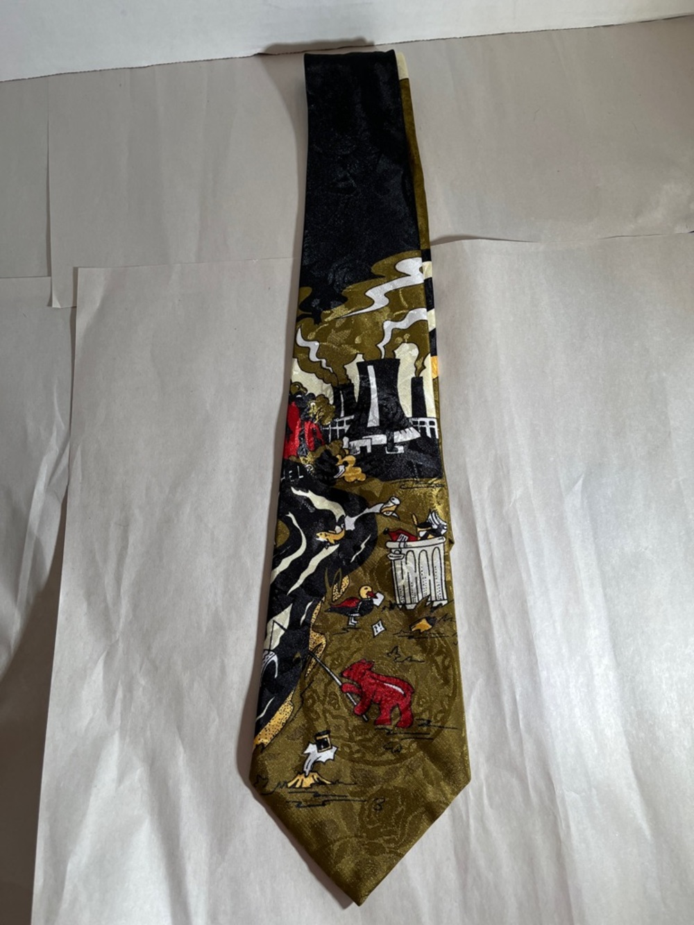 Men's Patterned Silk Tie in Black, Olive & Red Satrical or Social commentary VTG
